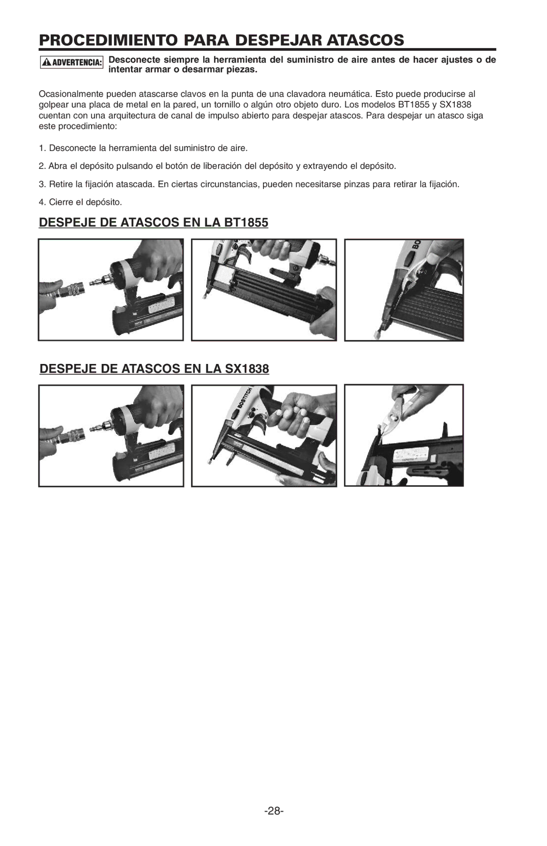 Bostitch BT1855K manual Procedimiento Para Despejar Atascos 