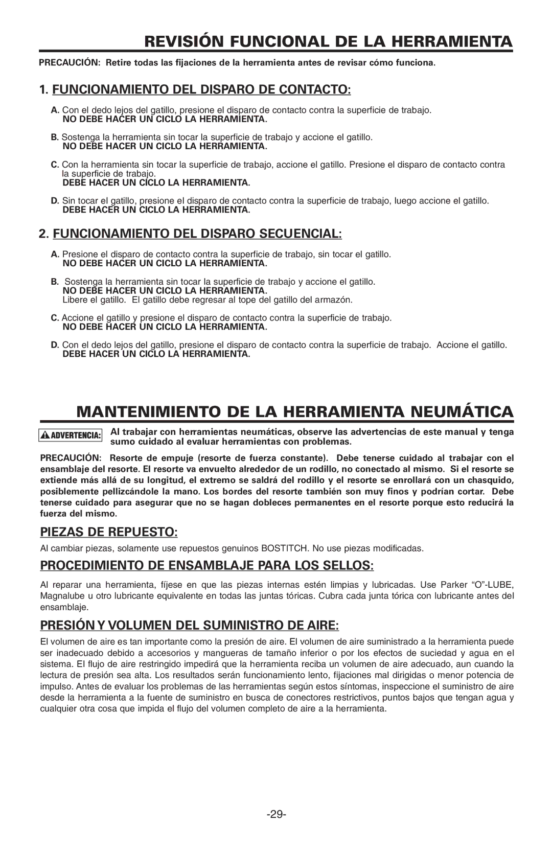 Bostitch BT1855K manual Revisión Funcional DE LA Herramienta, Mantenimiento DE LA Herramienta Neumática, Piezas DE Repuesto 