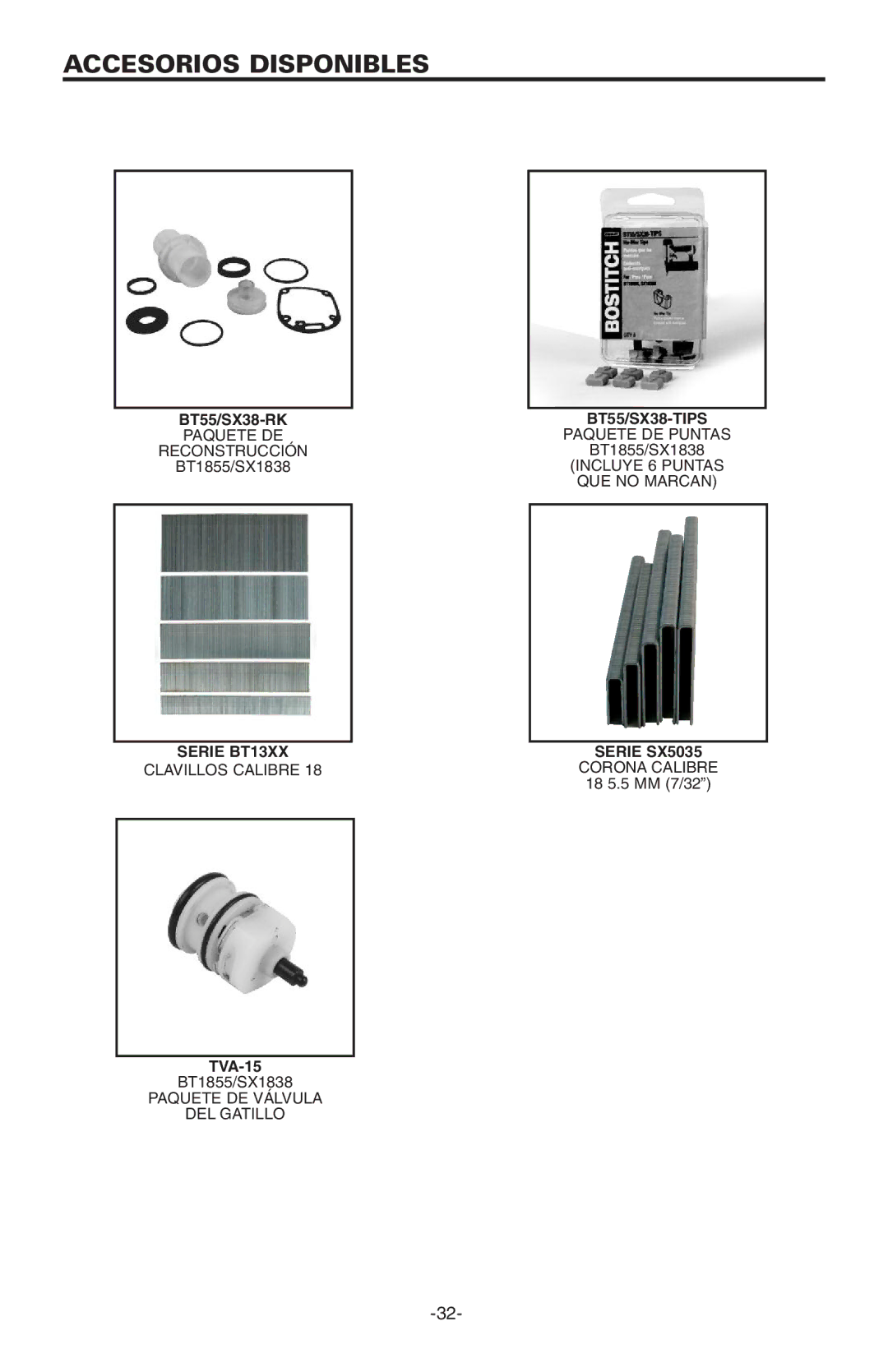 Bostitch BT1855K manual Accesorios Disponibles 