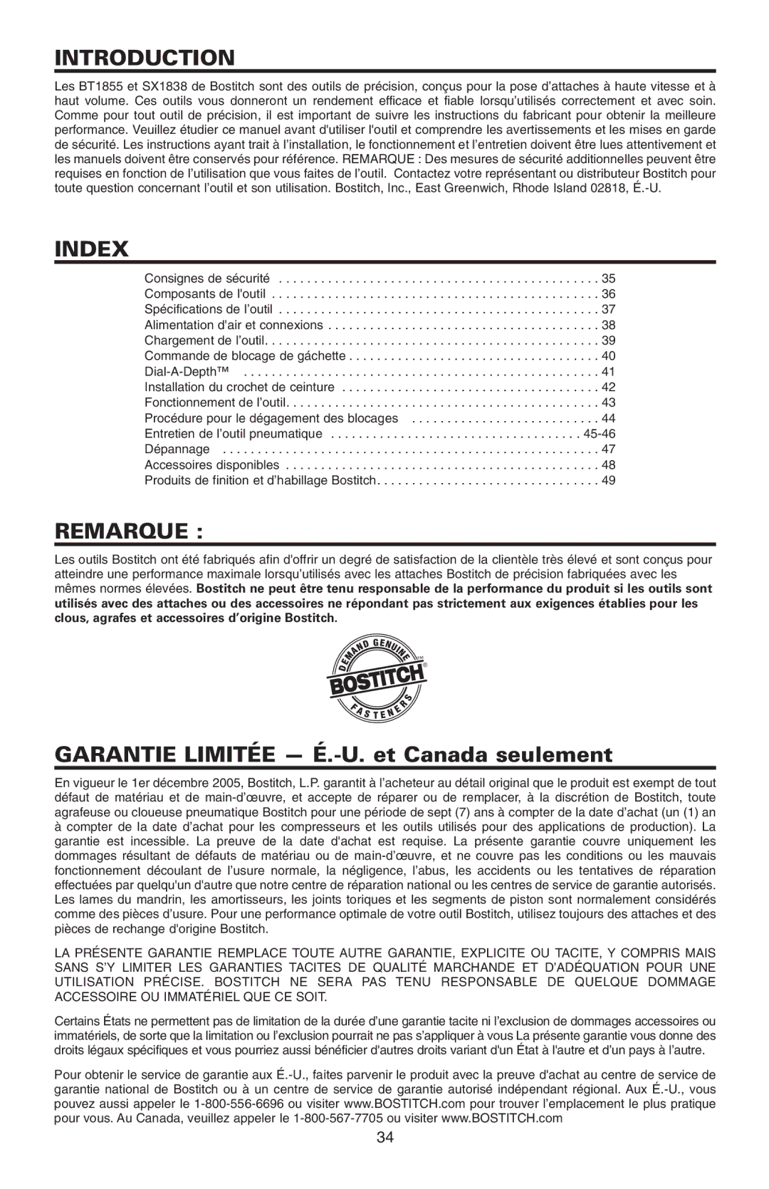 Bostitch BT1855K manual Remarque, Garantie Limitée É.-U. et Canada seulement 