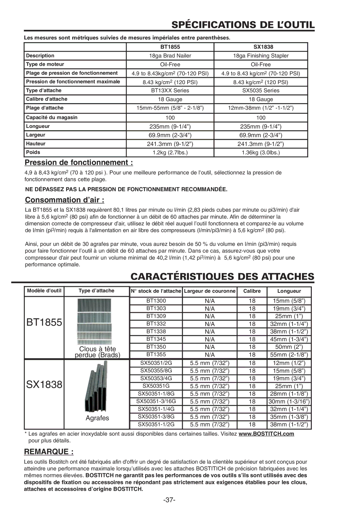 Bostitch BT1855K manual Spécifications DE L’OUTIL, Caractéristiques DES Attaches, Remarque 