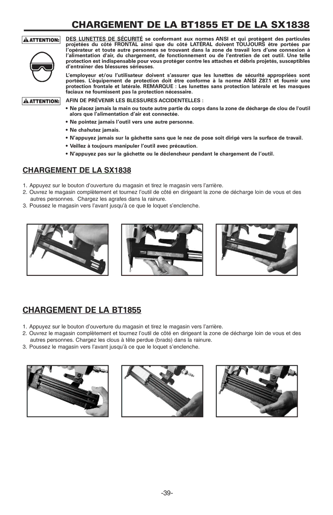 Bostitch BT1855K manual Chargement DE LA BT1855 ET DE LA SX1838, Chargement DE LA SX1838 