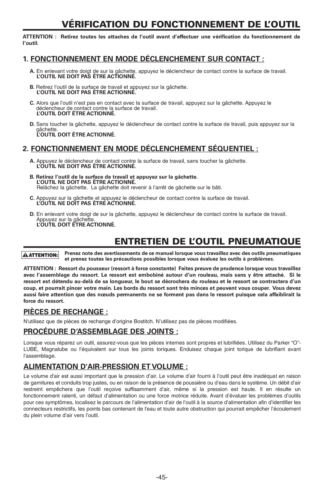 Bostitch BT1855K manual Vérification DU Fonctionnement DE L’OUTIL, Entretien DE L’OUTIL Pneumatique, Pièces DE Rechange 