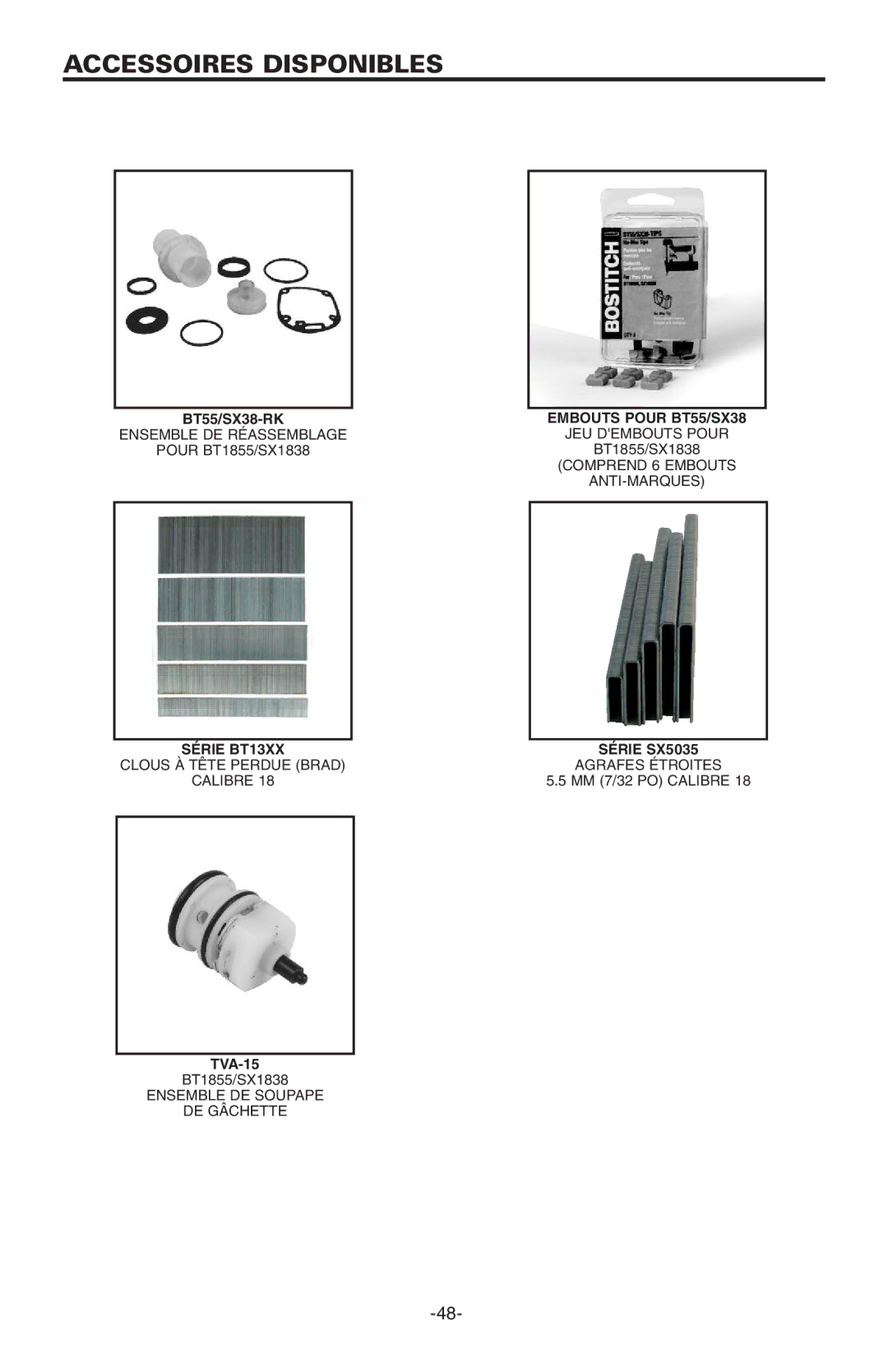 Bostitch BT1855K manual Accessoires Disponibles 