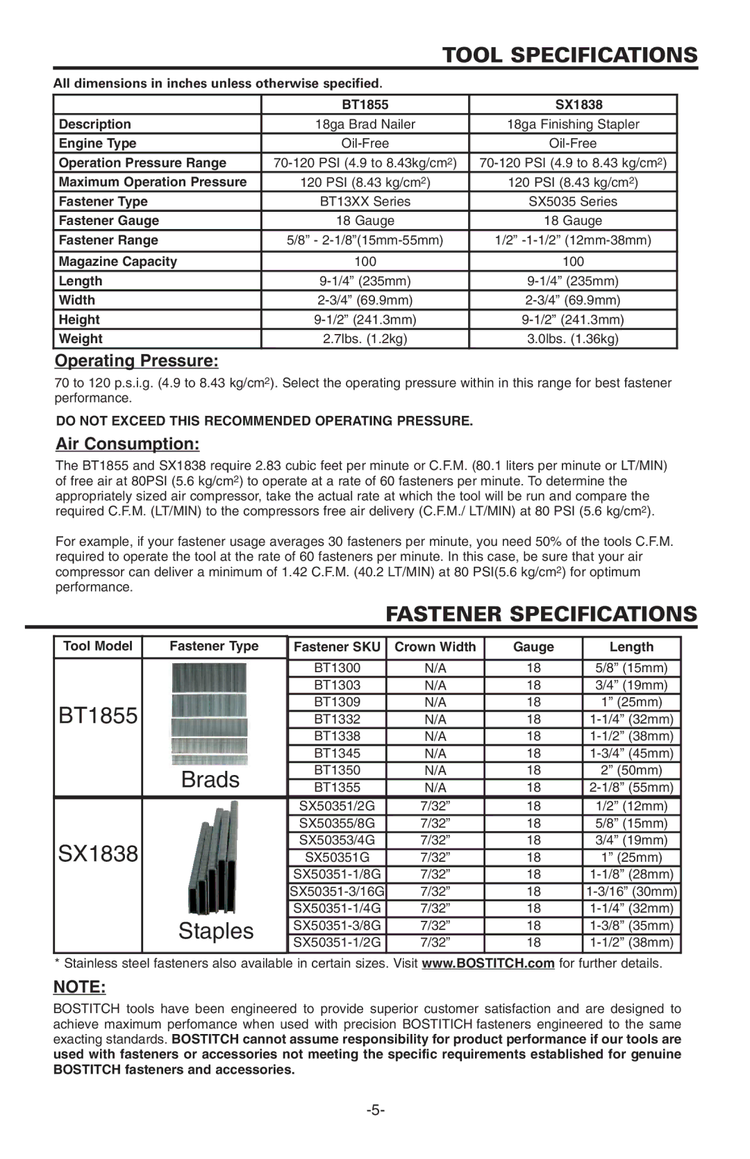 Bostitch BT1855K manual Tool Specifications, Fastener Specifications 