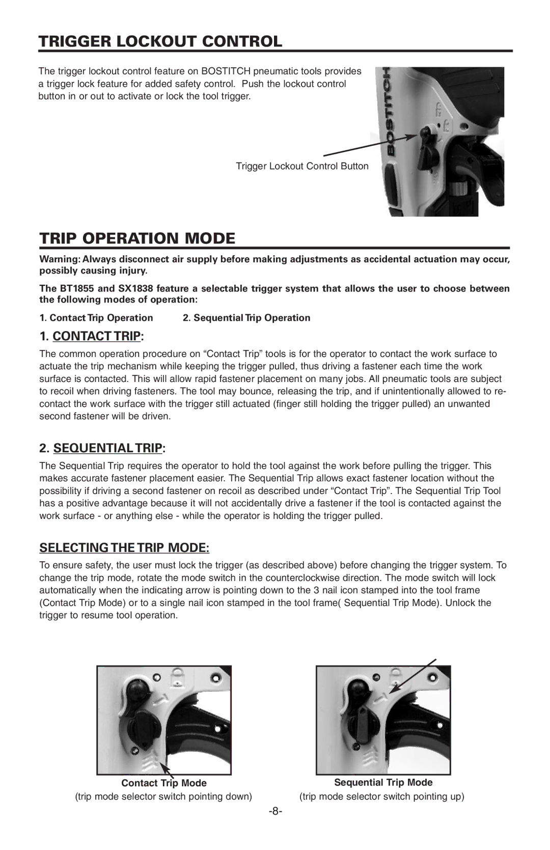 Bostitch BT1855K manual Trigger Lockout Control, Trip Operation Mode, Contacttrip, Sequential Trip, Selecting the Trip Mode 