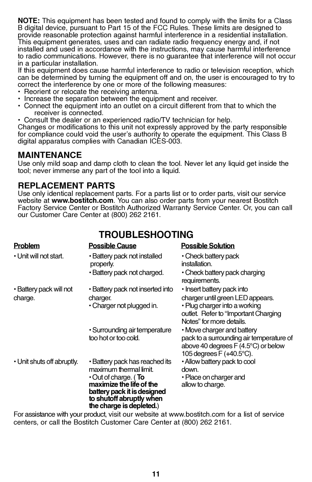 Bostitch BTC400LB instruction manual Maintenance, Replacement Parts, Problem Possible Cause 