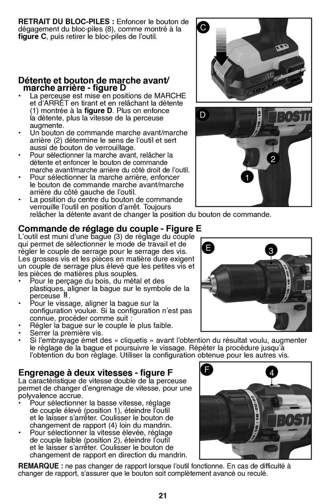 Bostitch BTC400LB Détente et bouton de marche avant Marche arrière figure D, Commande de réglage du couple Figure E 