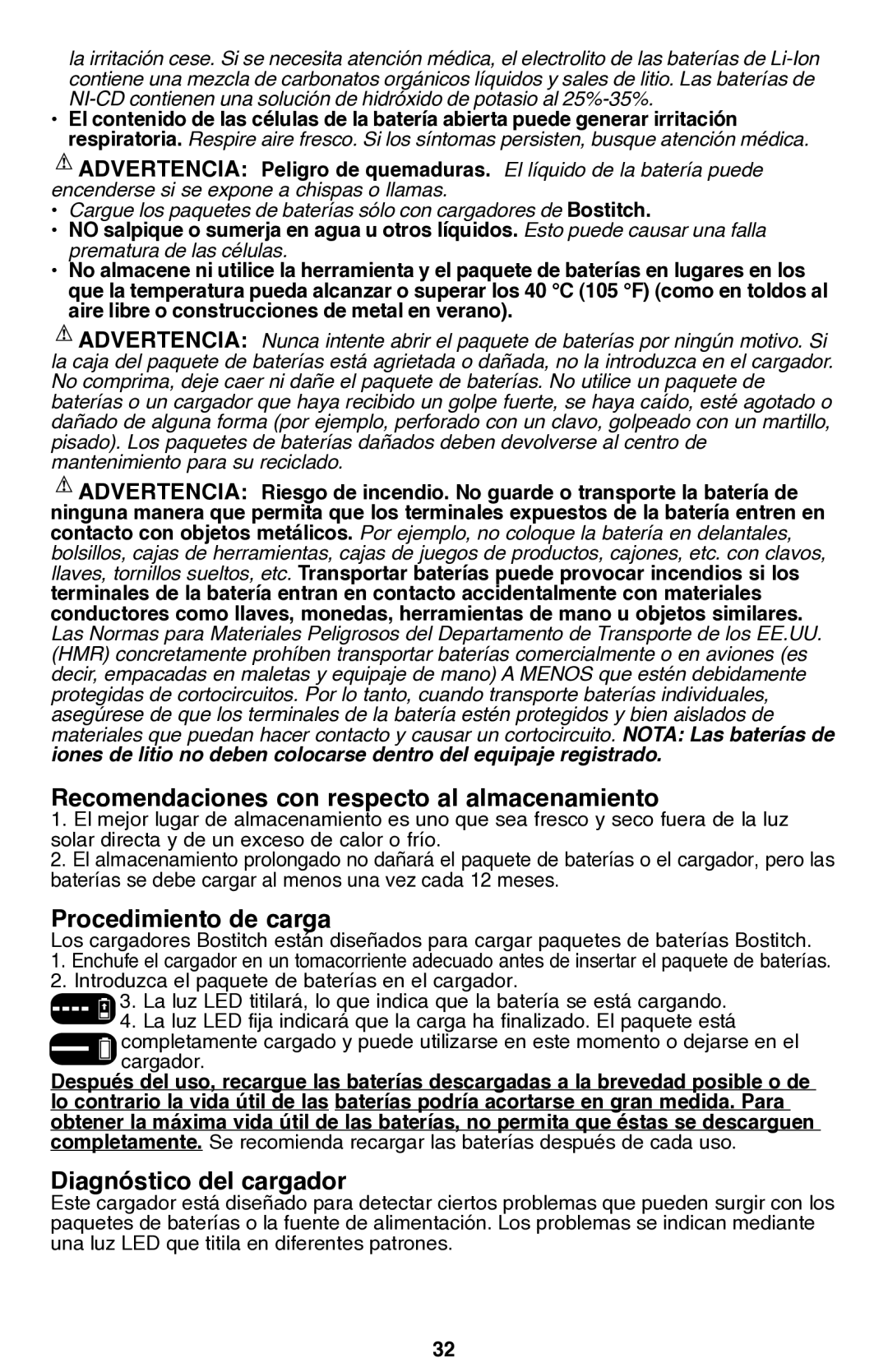 Bostitch BTC400LB Recomendaciones con respecto al almacenamiento, Procedimiento de carga, Diagnóstico del cargador 