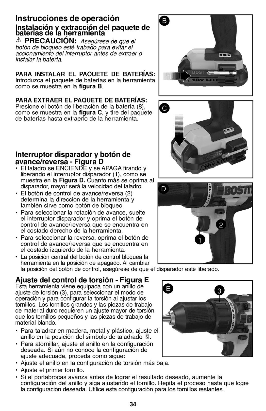 Bostitch BTC400LB Interruptor disparador y botón de Avance/reversa Figura D, Ajuste del control de torsión Figura E 