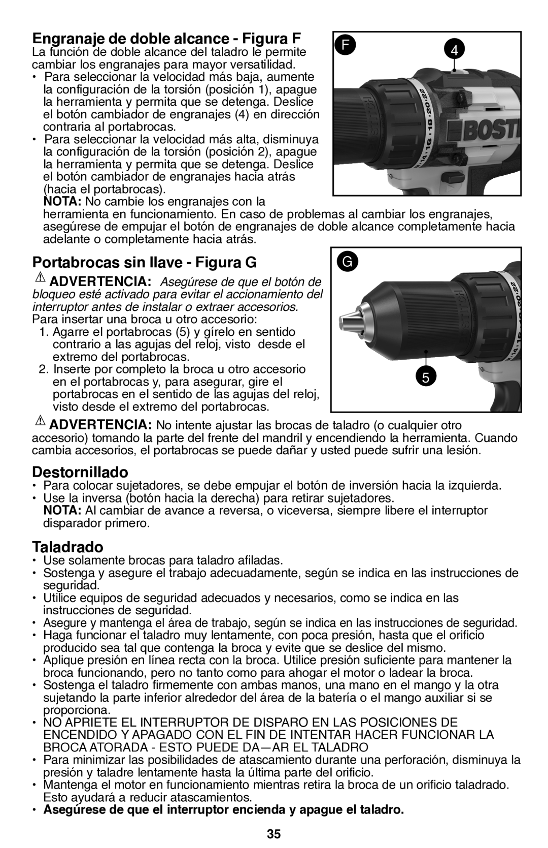 Bostitch BTC400LB Engranaje de doble alcance Figura F, Portabrocas sin llave Figura G, Destornillado, Taladrado 