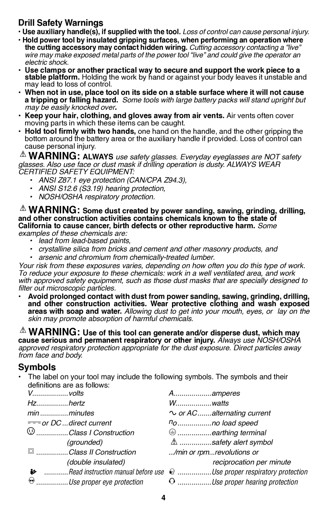 Bostitch BTC400LB instruction manual Drill Safety Warnings, Symbols 