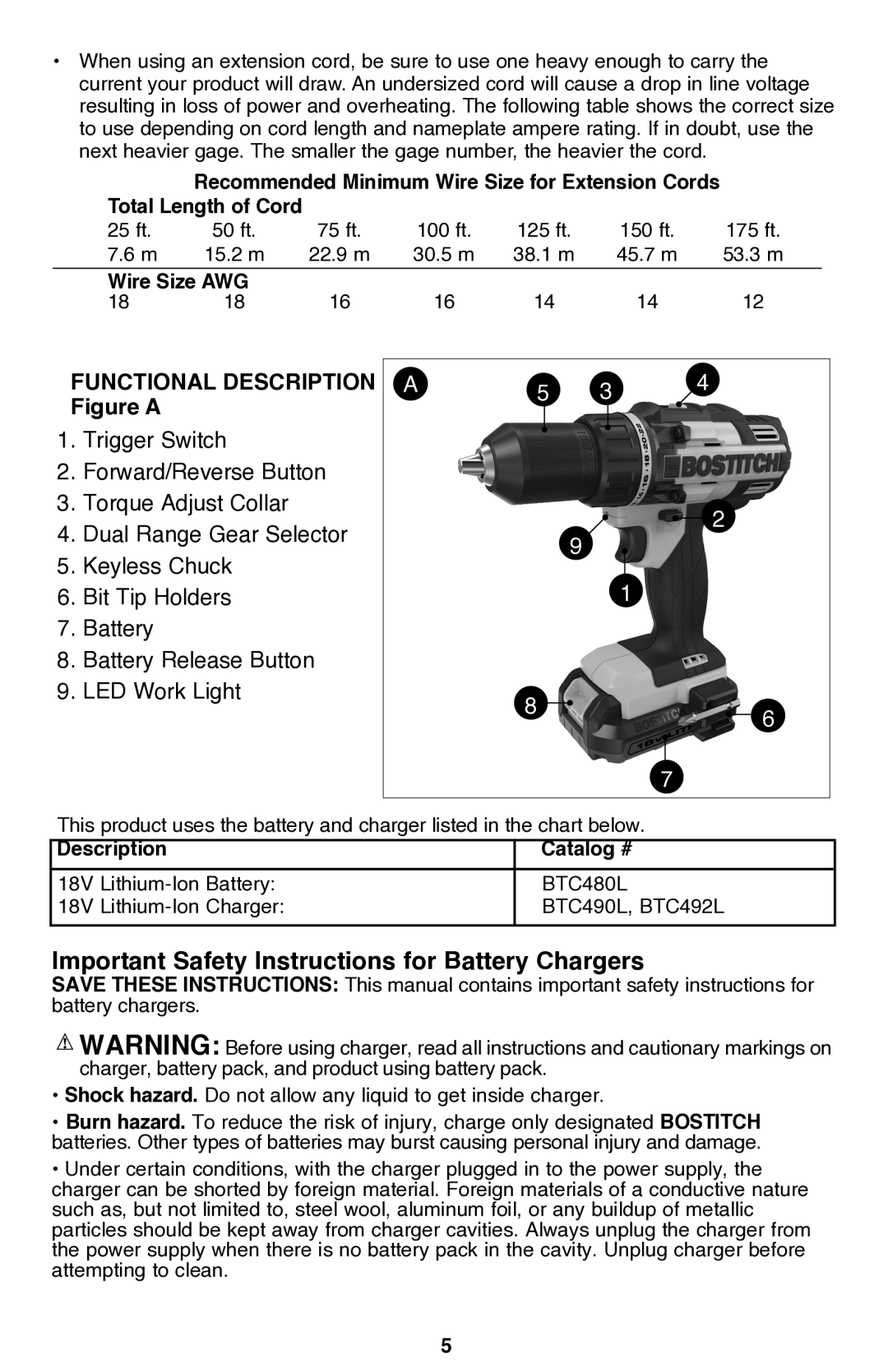 Bostitch BTC400LB instruction manual Wire Size AWG, Description Catalog # 