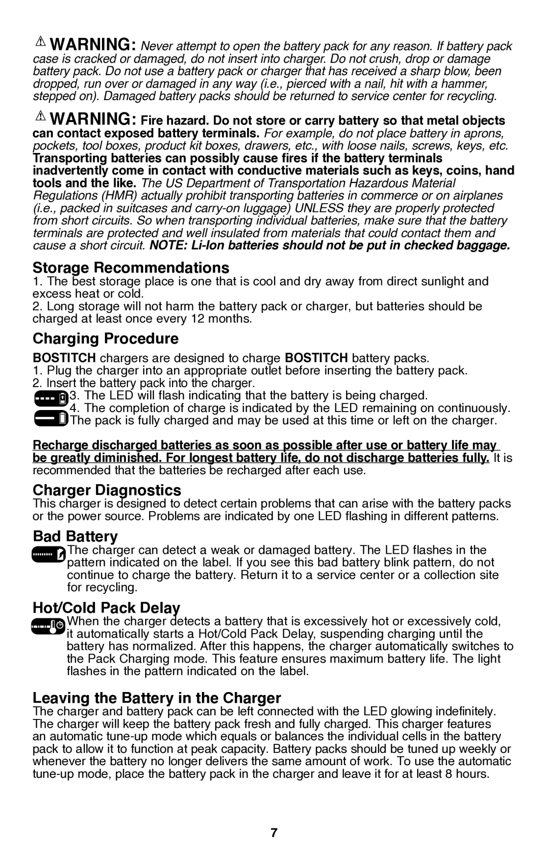 Bostitch BTC400LB Storage Recommendations, Charging Procedure, Charger Diagnostics, Bad Battery, Hot/Cold Pack Delay 