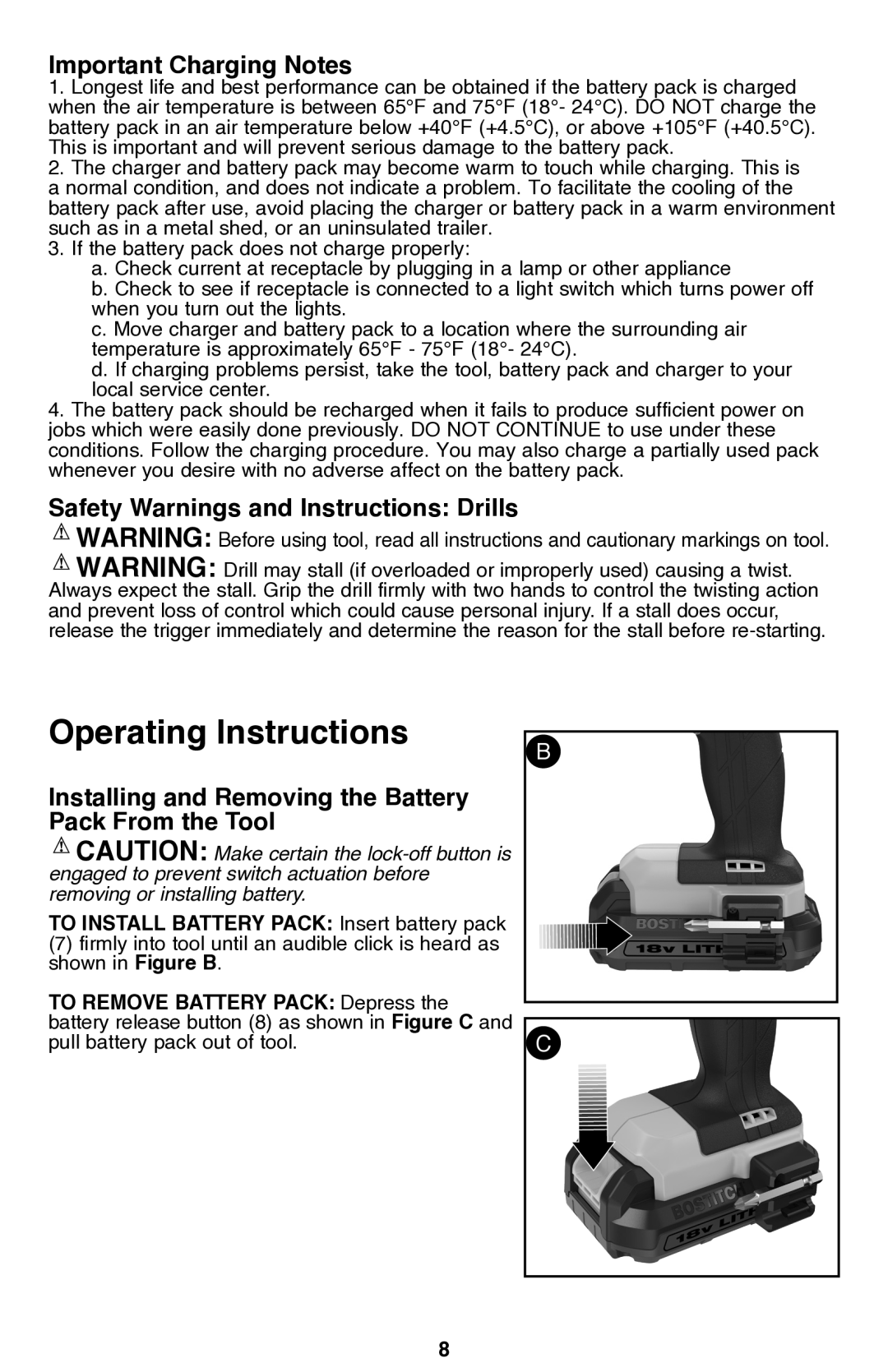 Bostitch BTC400LB instruction manual Important Charging Notes, Safety Warnings and Instructions Drills 