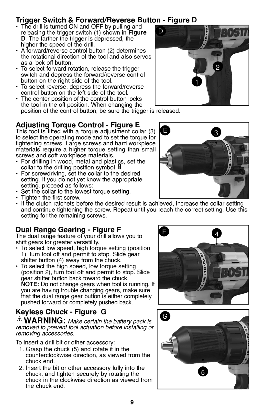 Bostitch BTC400LB instruction manual Trigger Switch & Forward/Reverse Button Figure D, Adjusting Torque Control Figure E 