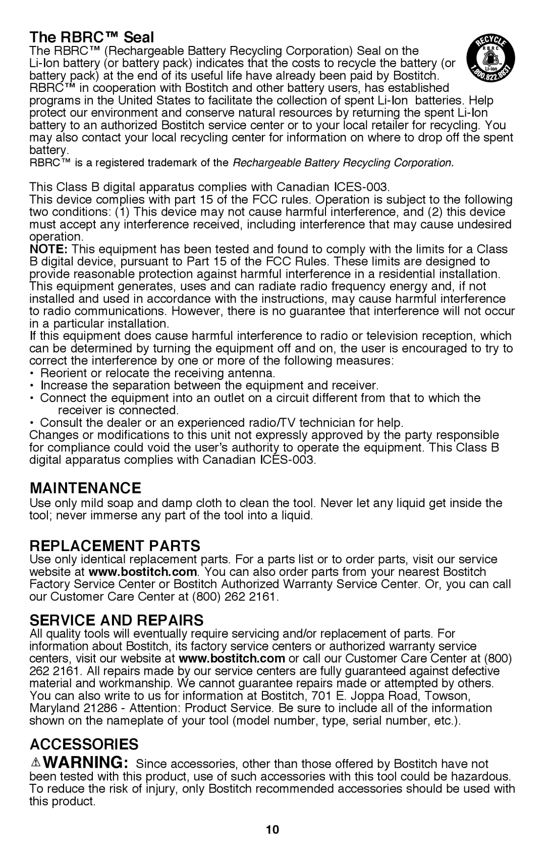 Bostitch BTC440LB instruction manual Maintenance, Replacement Parts Service and Repairs Accessories 