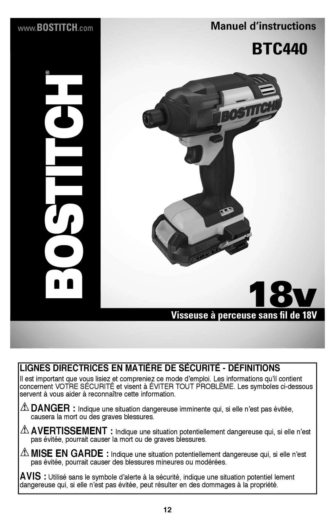 Bostitch BTC440LB instruction manual Visseuse à perceuse sans fil de, Lignes directrices en matière de sécurité définitions 