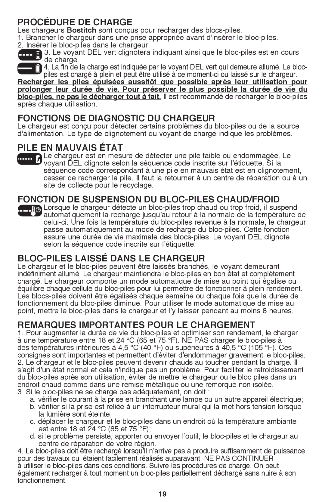 Bostitch BTC440LB instruction manual Procédure de charge, Fonctions de diagnostic du chargeur, Pile en mauvais état 