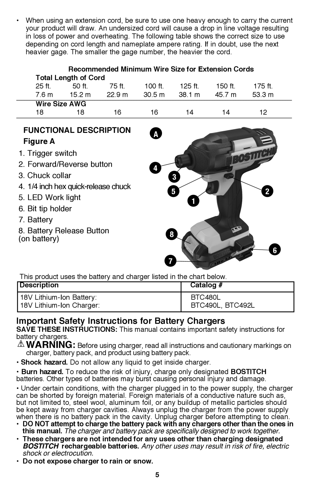 Bostitch BTC440LB instruction manual Wire Size AWG, Description Catalog # 