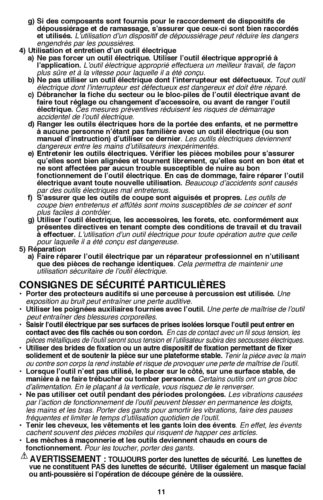 Bostitch BTE100K instruction manual Consignes de sécurité particulières 