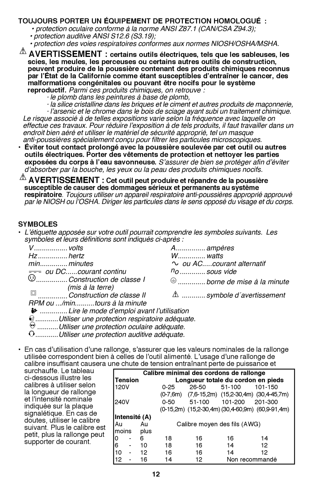 Bostitch BTE100K instruction manual Toujours Porter UN Équipement DE Protection Homologué, Symboles 