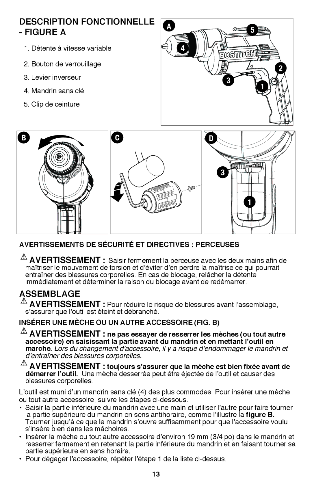 Bostitch BTE100K Description Fonctionnelle, Assemblage, Avertissements de sécurité et directives perceuses 