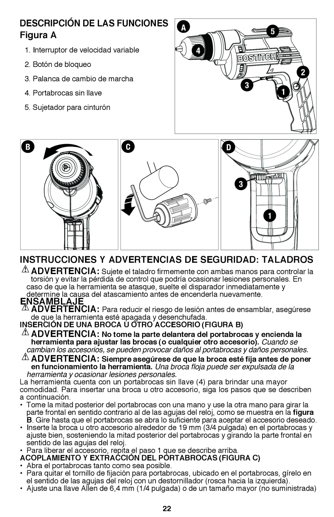 Bostitch BTE100K Descripción DE LAS Funciones Figura a, Instrucciones y advertencias de seguridad Taladros, Ensamblaje 