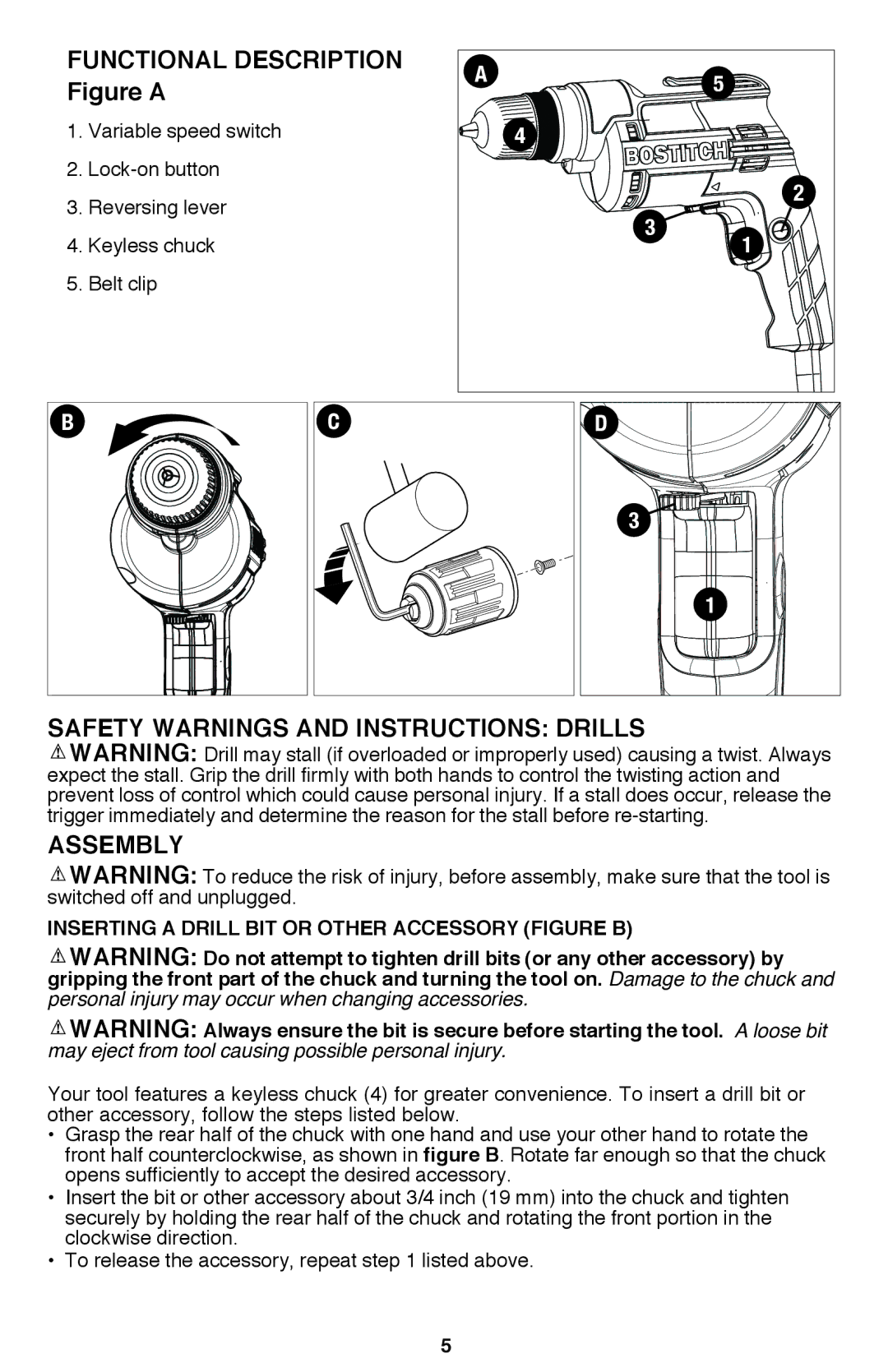 Bostitch BTE100K Safety Warnings and Instructions Drills Assembly, Inserting a drill bit or other accessory figure B 