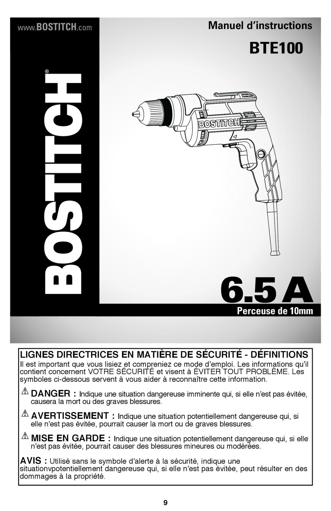 Bostitch BTE100K instruction manual Lignes directrices en matière de sécurité définitions 