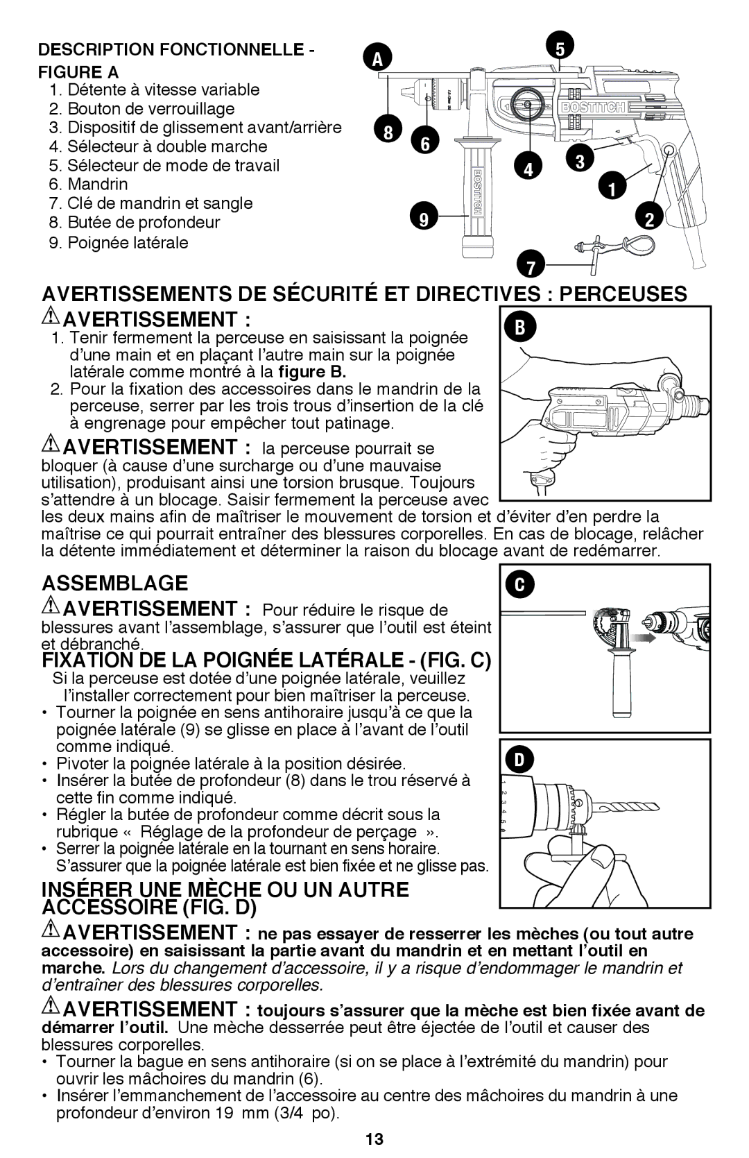 Bostitch BTE140K Avertissements de sécurité et directives perceuses, Assemblage, Fixation de la poignée latérale fig. C 