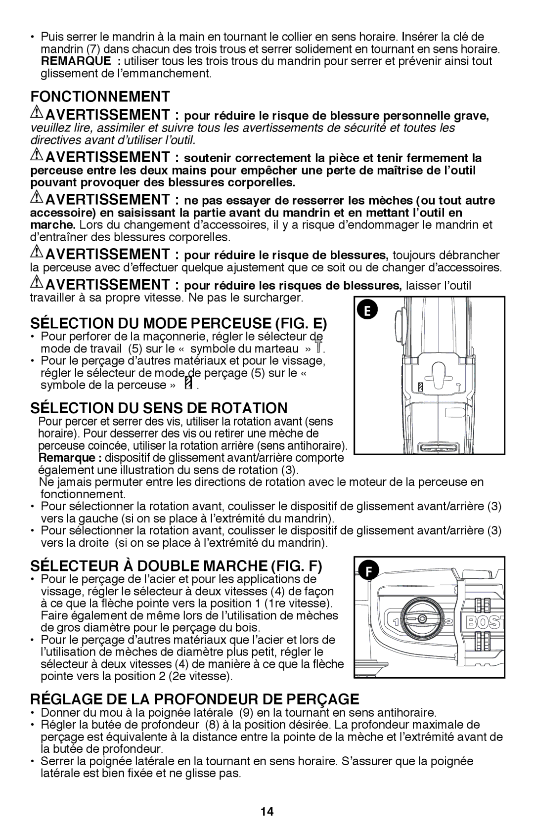 Bostitch BTE140K instruction manual Fonctionnement, Sélection du mode perceuse fig. E, Sélection du sens de rotation 