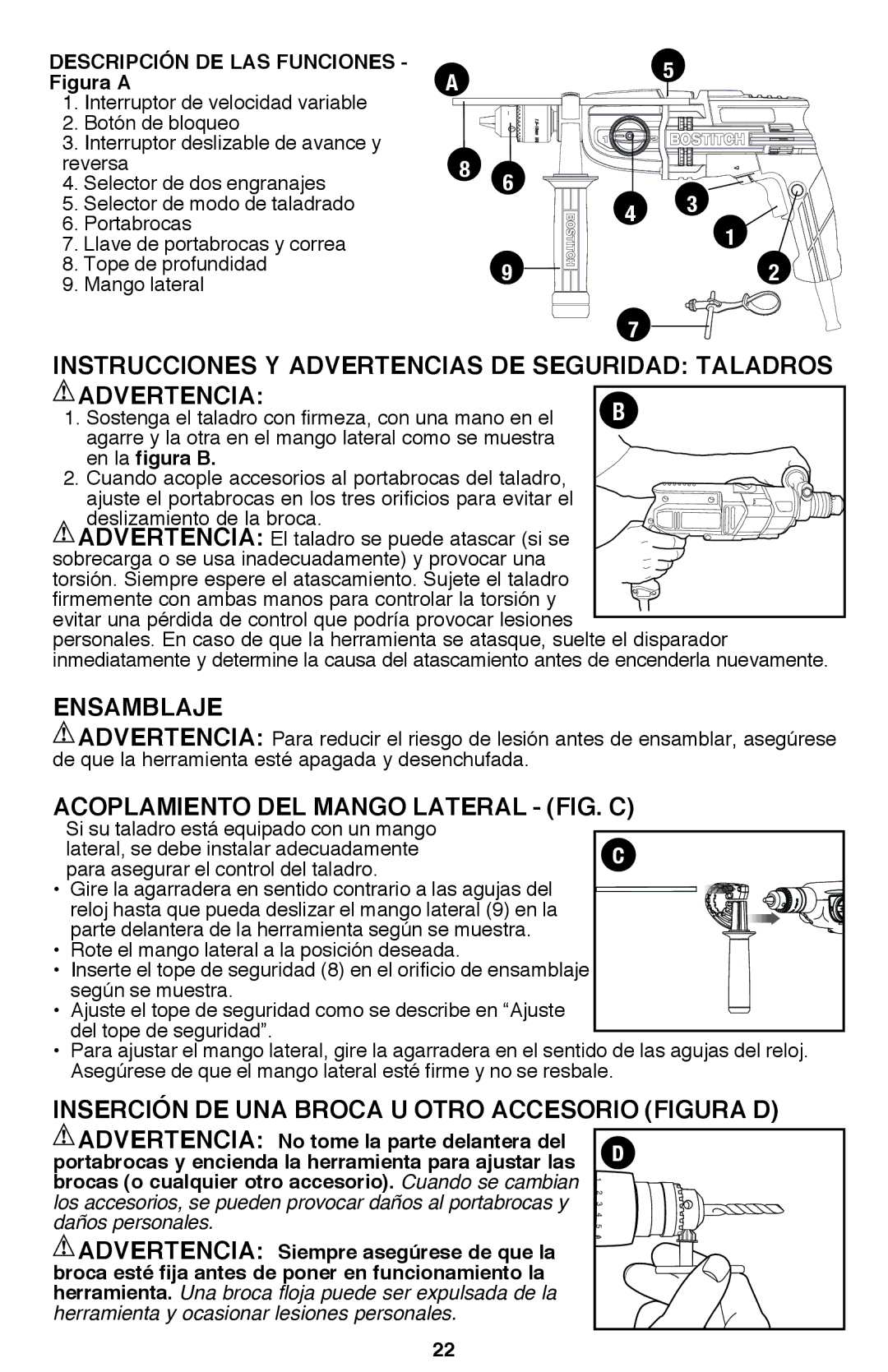 Bostitch BTE140K instruction manual Instrucciones y advertencias de seguridad Taladros, Advertencia, Ensamblaje 