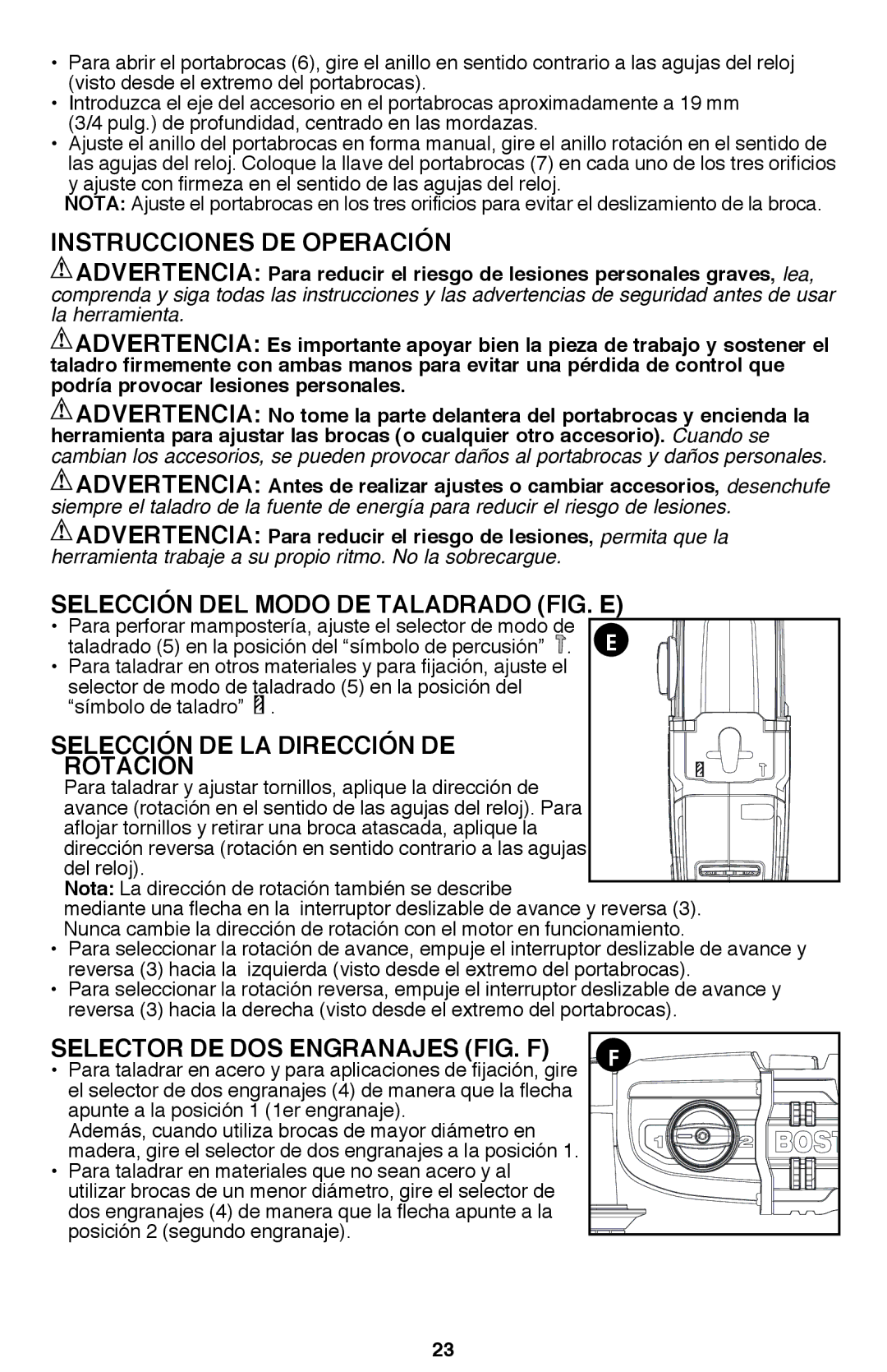 Bostitch BTE140K Instrucciones de operación, Selección del modo de taladrado fig. E, Selección de la dirección de Rotación 