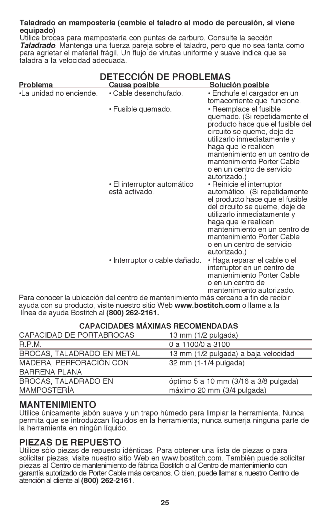 Bostitch BTE140K Detección de problemas, Mantenimiento, Piezas DE Repuesto, Capacidades Máximas Recomendadas 