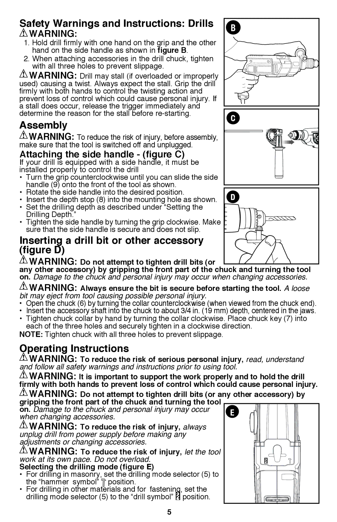 Bostitch BTE140K instruction manual Safety Warnings and Instructions Drills, Attaching the side handle figure C 