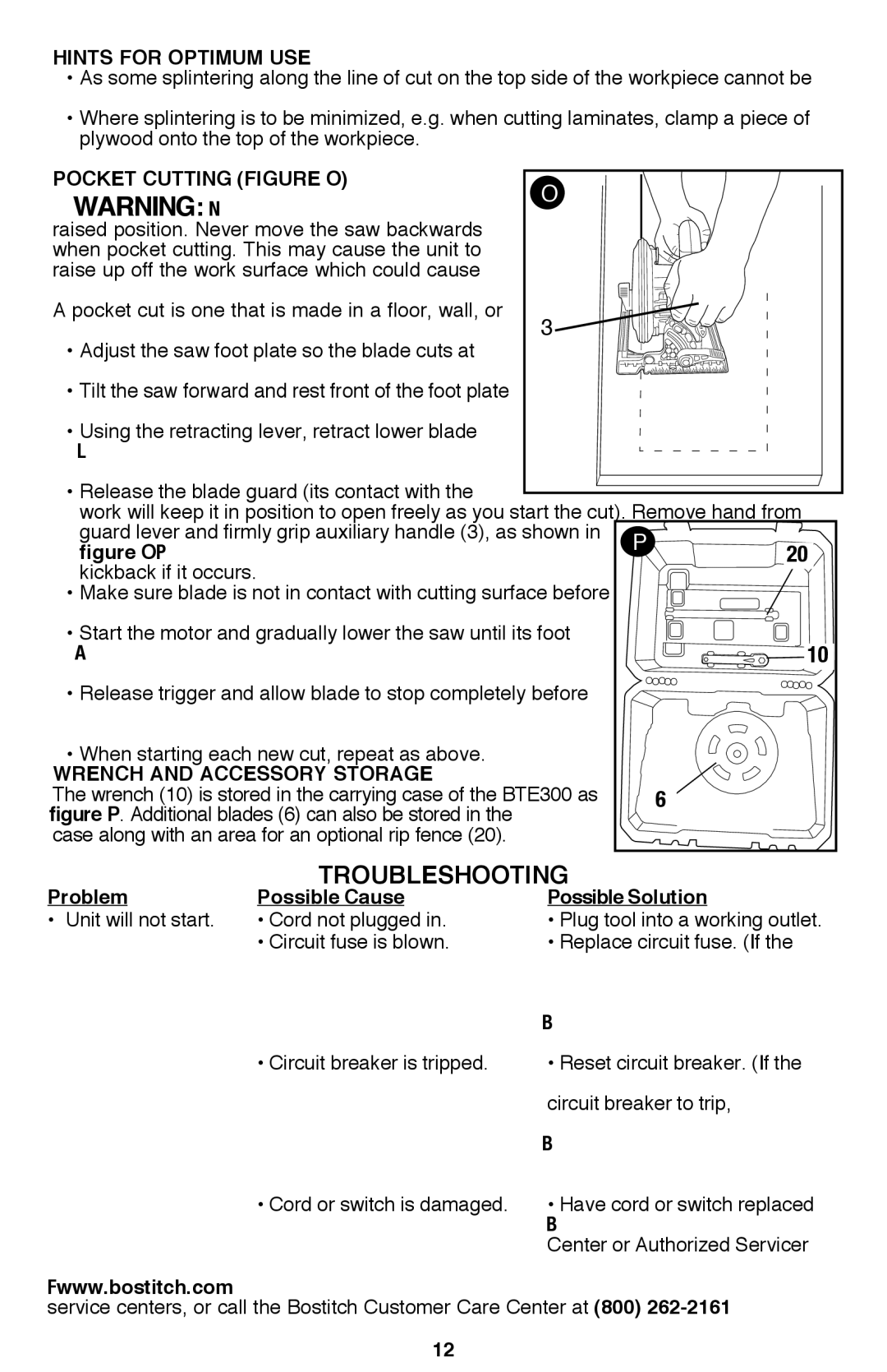 Bostitch BTE300K instruction manual Troubleshooting, Pocket Cutting FIGURE O 