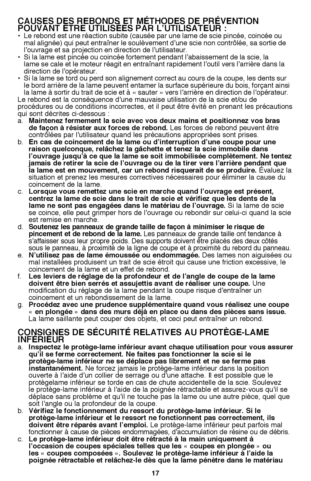 Bostitch BTE300K instruction manual CONSIGNES DE SÉcUrITÉ rELATIvES AU PrOTèGE-LAME INFÉrIEUr 