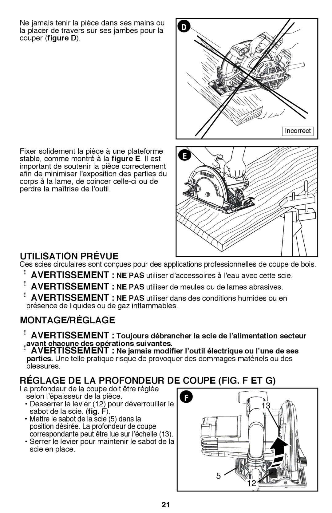 Bostitch BTE300K instruction manual Utilisation Prévue, Montage/Réglage, Réglage de la profondeur de coupe fig. F et G 