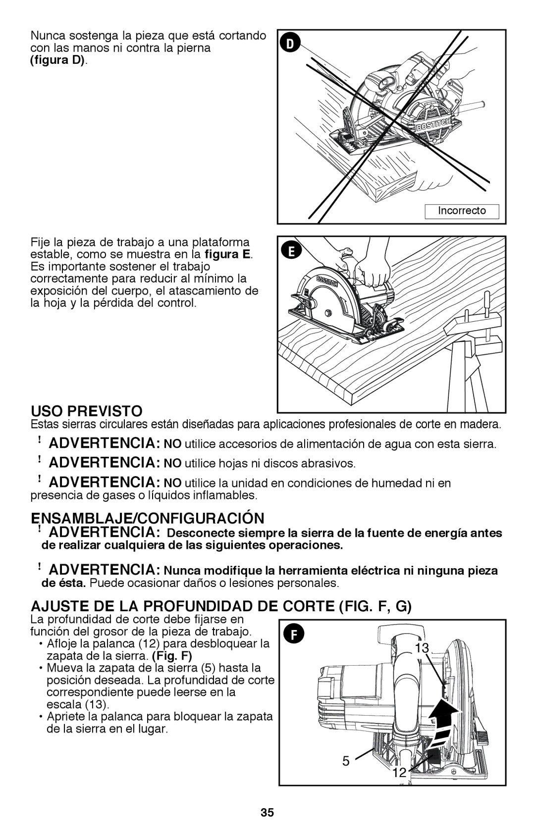 Bostitch BTE300K instruction manual USO Previsto, Ensamblaje/Configuración, Ajuste de la profundidad de corte fig. F, g 