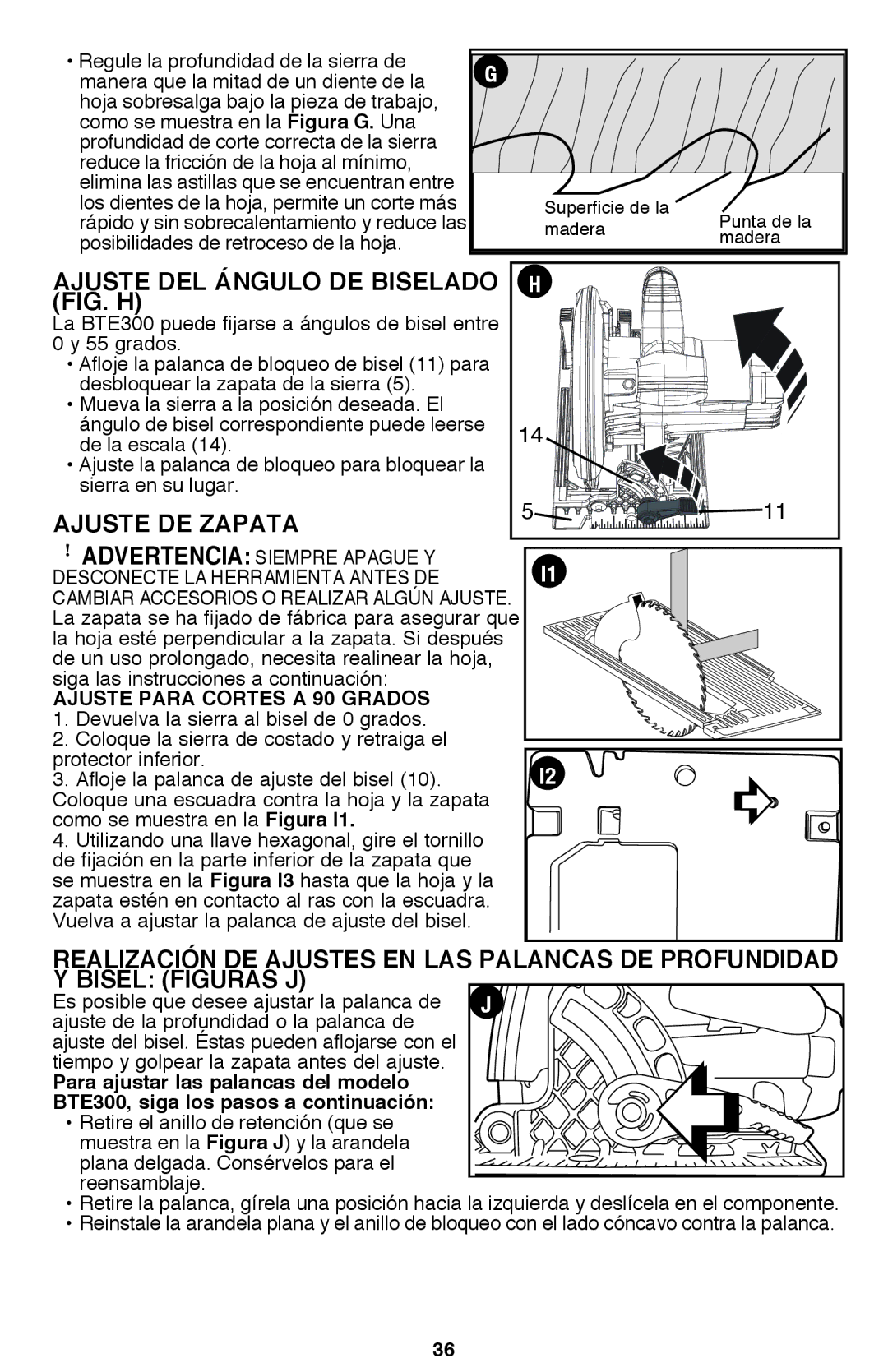 Bostitch BTE300K instruction manual Ajuste del ángulo de biselado, Ajuste de zapata, Ajuste Para Cortes a 90 Grados 