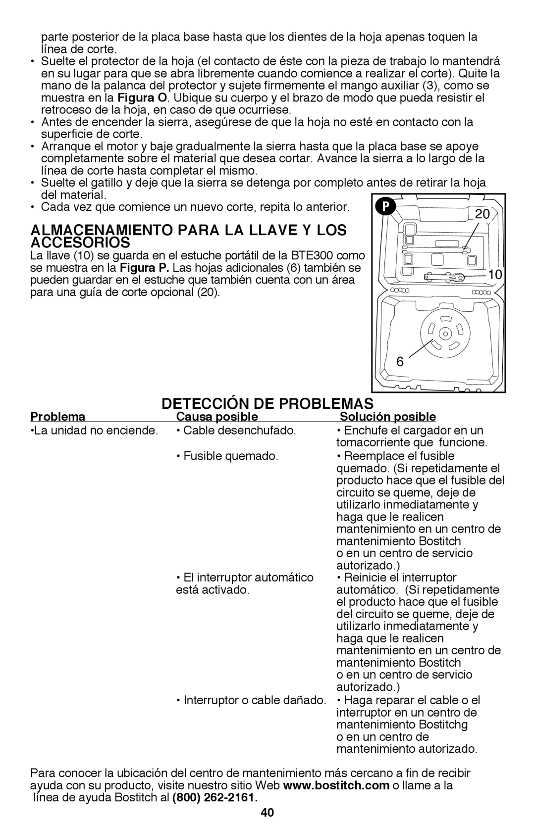 Bostitch BTE300K instruction manual Almacenamiento Para LA Llave Y LOS Accesorios, Detección de problemas, Problema 