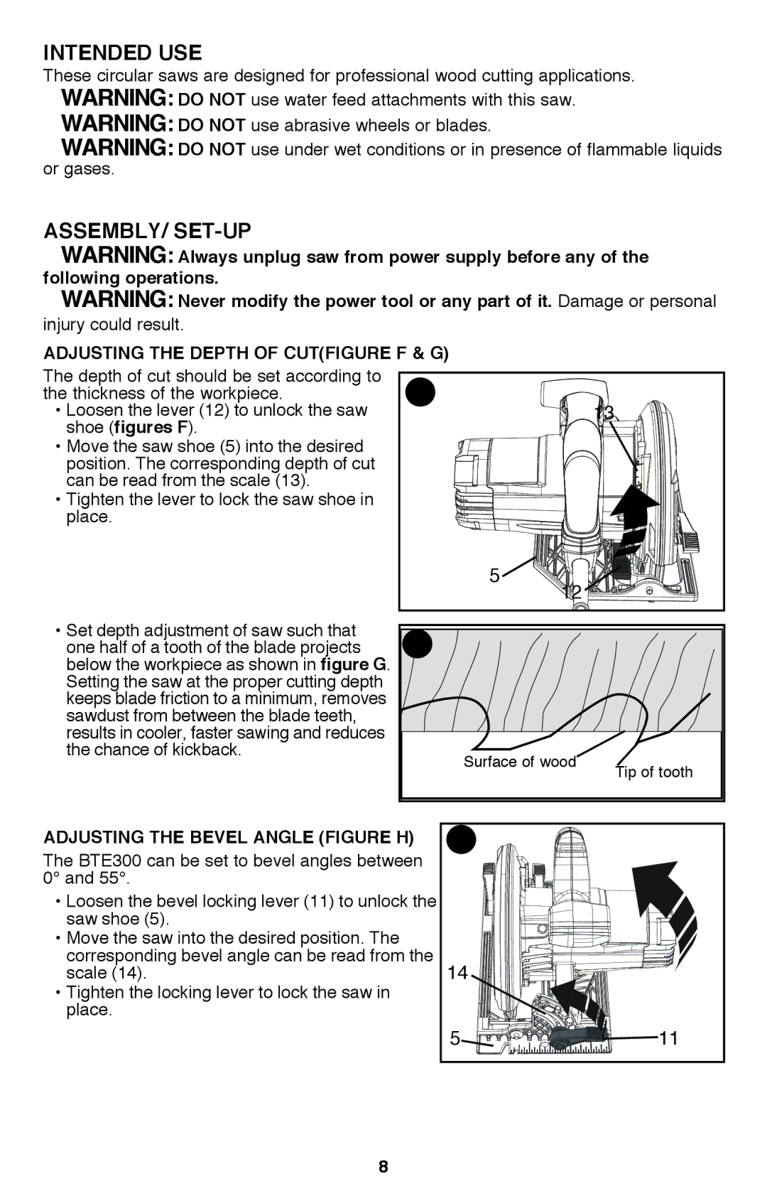 Bostitch BTE300K instruction manual Intended USE, Assembly/ Set-Up, Adjusting the depth of cutfigURE F & G, Shoe figures F 