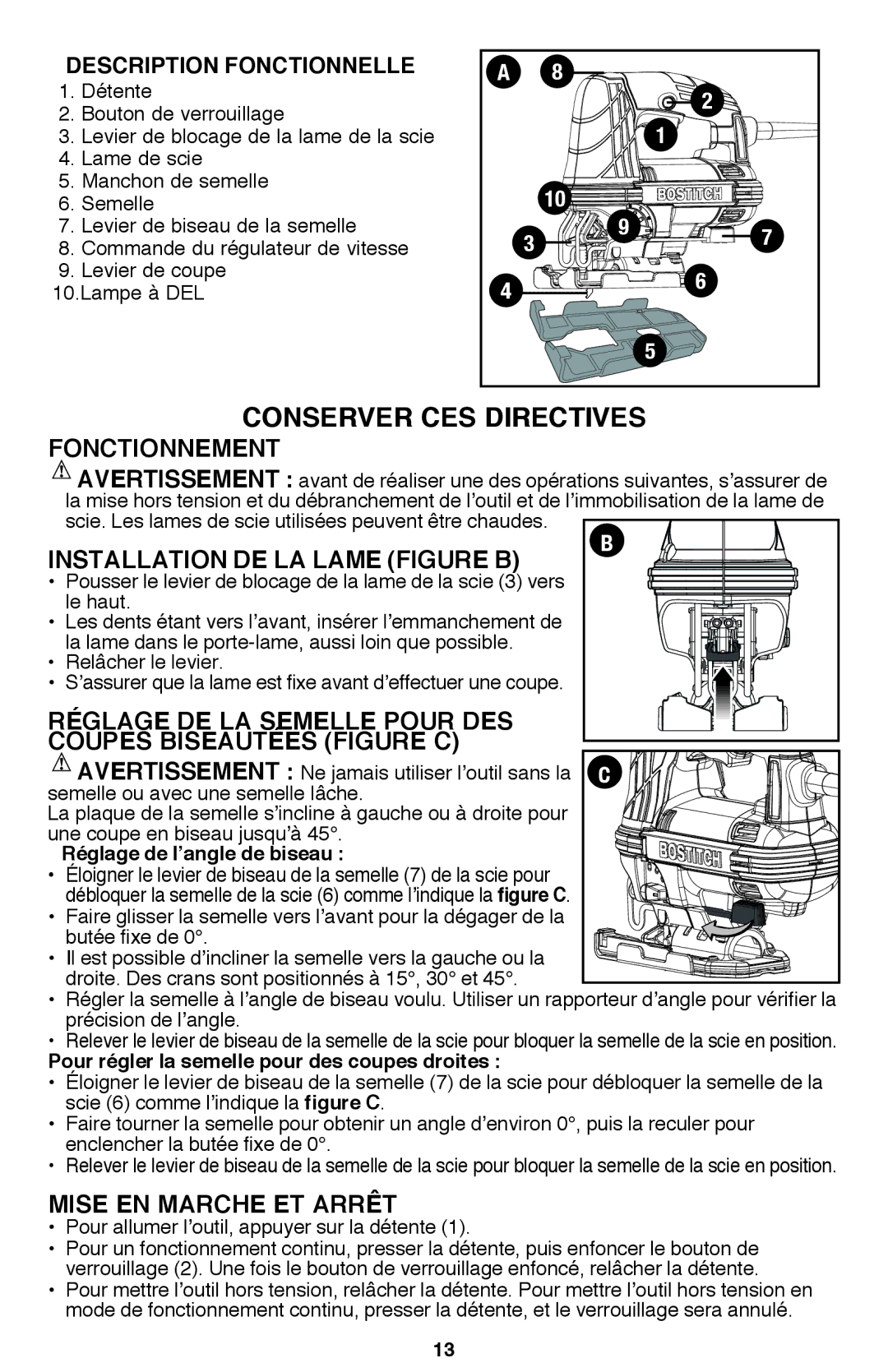 Bostitch BTE340K instruction manual Fonctionnement, Installation de la lame Figure B, Mise en marche et arrêt 