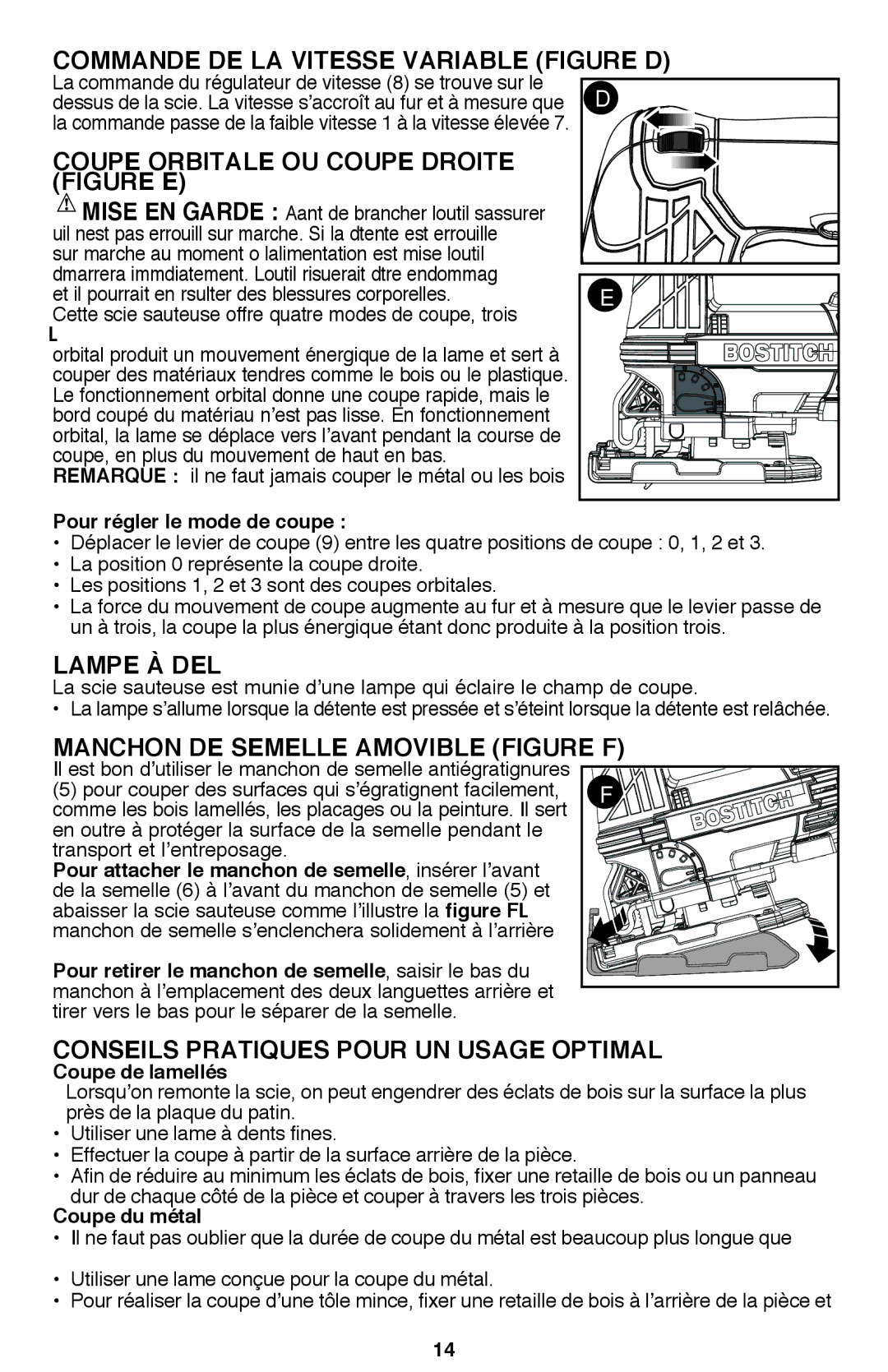 Bostitch BTE340K instruction manual Commande de la vitesse variable Figure D, Coupe orbitale ou coupe droite, Lampe à DEL 