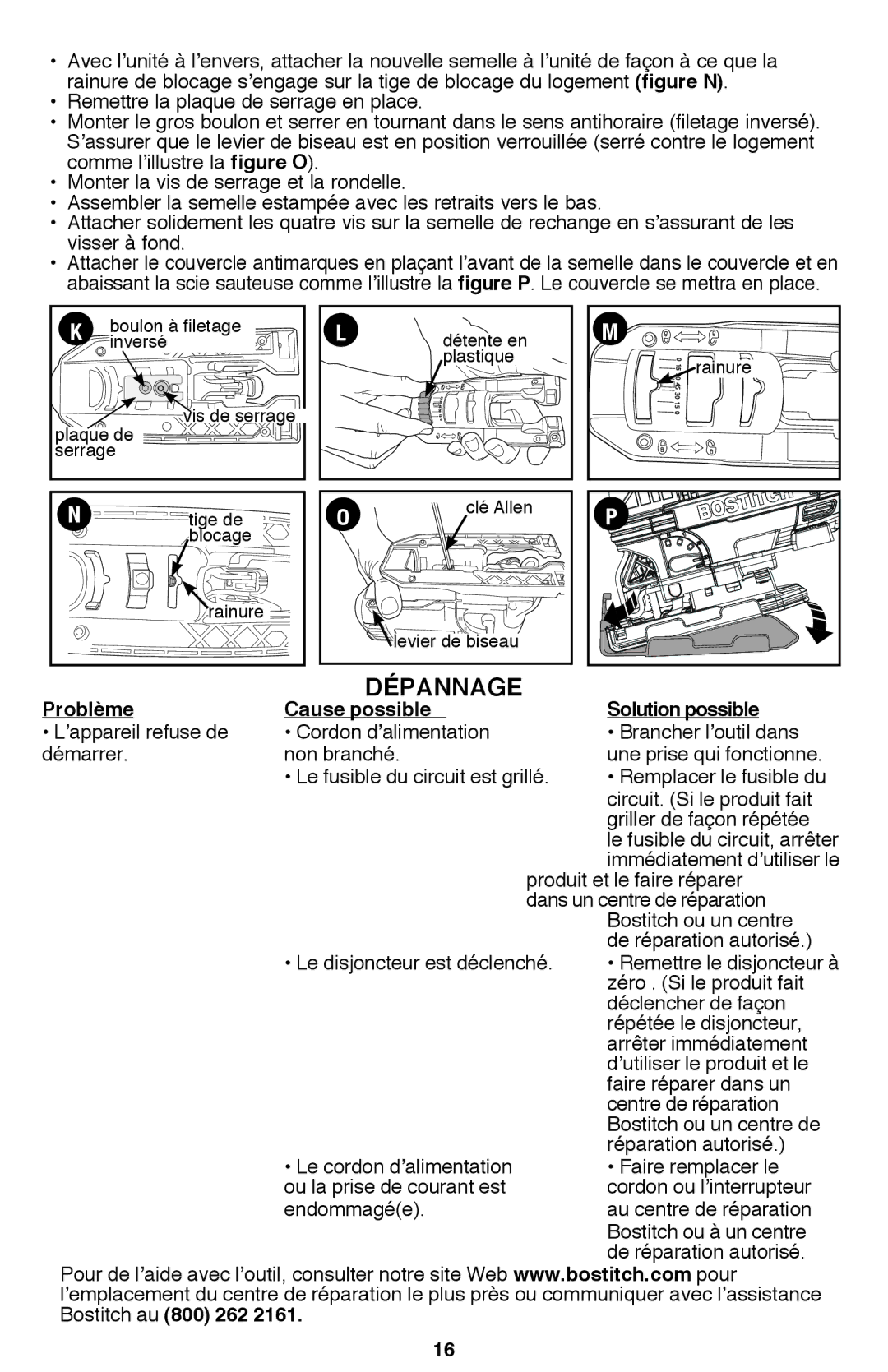 Bostitch BTE340K instruction manual Dépannage, Problème, Solution possible, Cause possible 