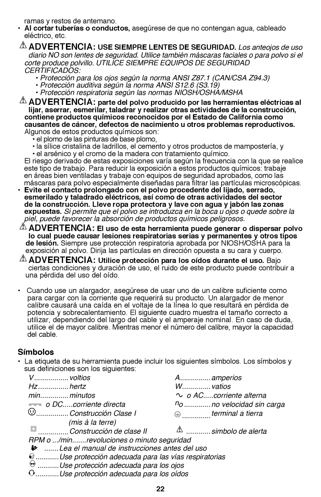 Bostitch BTE340K instruction manual Símbolos 