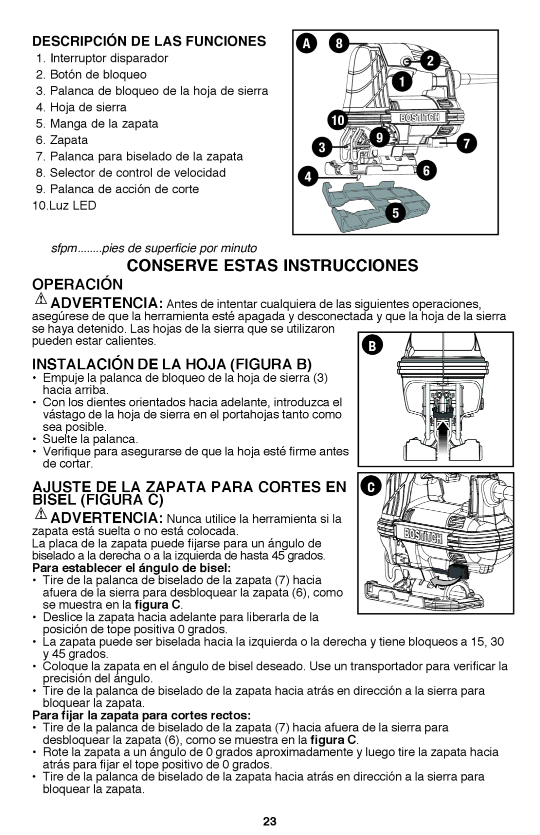 Bostitch BTE340K Operación, Instalación de la hoja Figura B, Ajuste de la zapata para cortes en Bisel figura C 