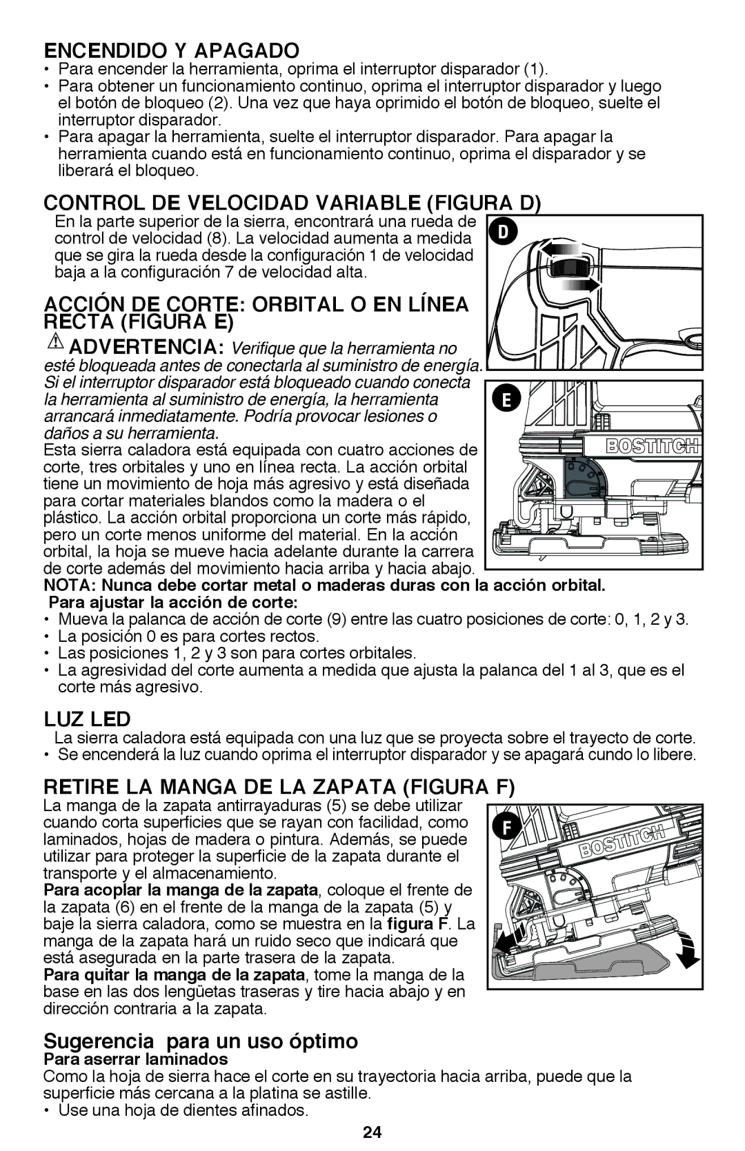 Bostitch BTE340K Encendido y apagado, Control de velocidad variable FigurA D, Luz LED, Sugerencia para un uso óptimo 