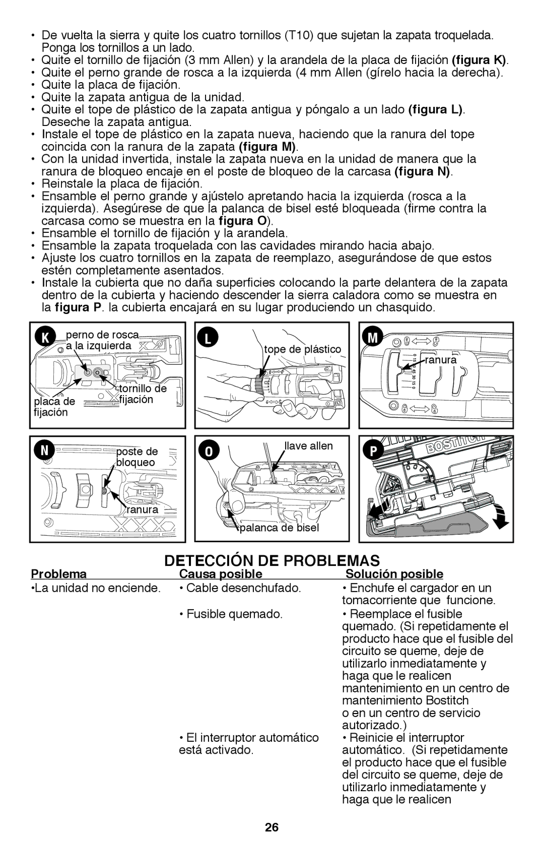 Bostitch BTE340K instruction manual Detección de problemas, Problema, Causa posible Solución posible 